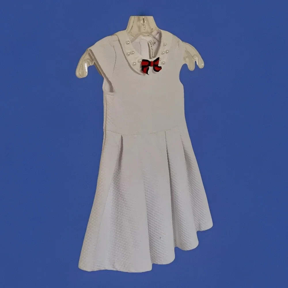 Janie And Jack Girls Dress White Pearlized Collar Red/Navy Bow Sz 5 Holiday